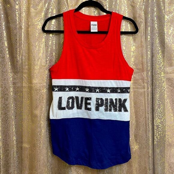 PINK Victoria’s Secret red white and blue silver sequin bling tanktop, size S - Picture 1 of 4